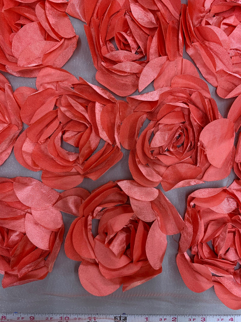 Maci CORAL 3D Floral Polyester Satin Rosette on Mesh Fabric by the Yard - 10057