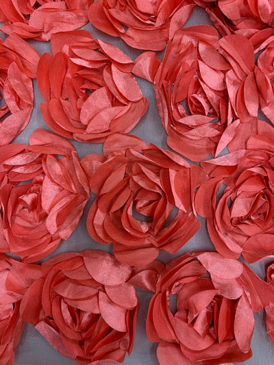 Maci CORAL 3D Floral Polyester Satin Rosette on Mesh Fabric by the Yard - 10057