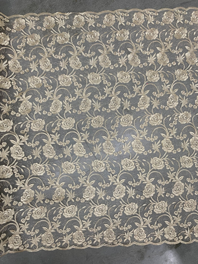 Dakota CHAMPAGNE Polyester Corded Floral Embroidery on Mesh Lace Fabric by the Yard - 10043
