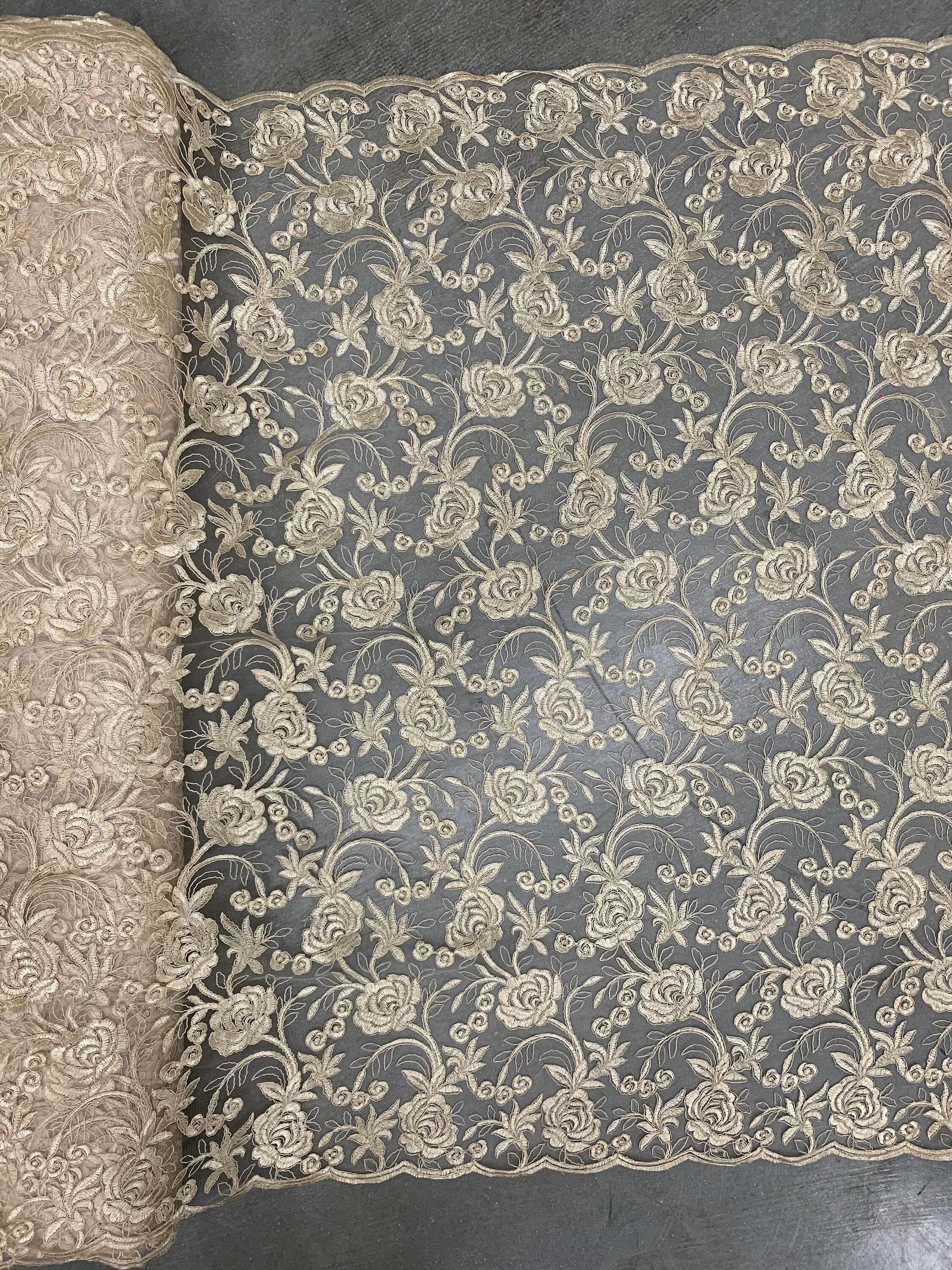 Dakota CHAMPAGNE Polyester Corded Floral Embroidery on Mesh Lace Fabric by the Yard - 10043