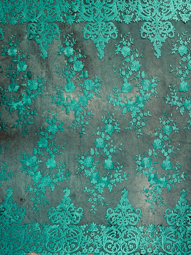 Teagan TEAL GREEN Damask Design Embroidered on Mesh Lace Fabric by the Yard - 10027