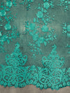 Teagan TEAL GREEN Damask Design Embroidered on Mesh Lace Fabric by the Yard - 10027