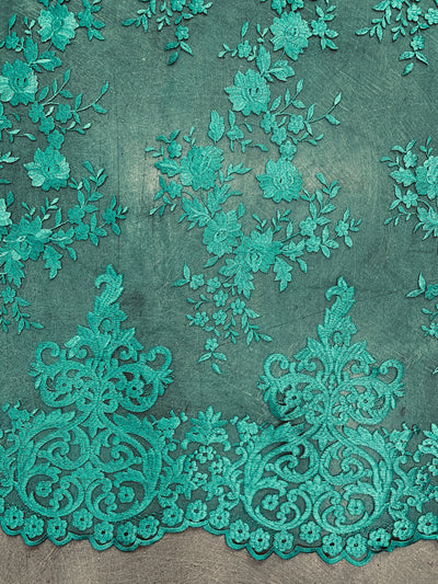 Teagan TEAL GREEN Damask Design Embroidered on Mesh Lace Fabric by the Yard - 10027