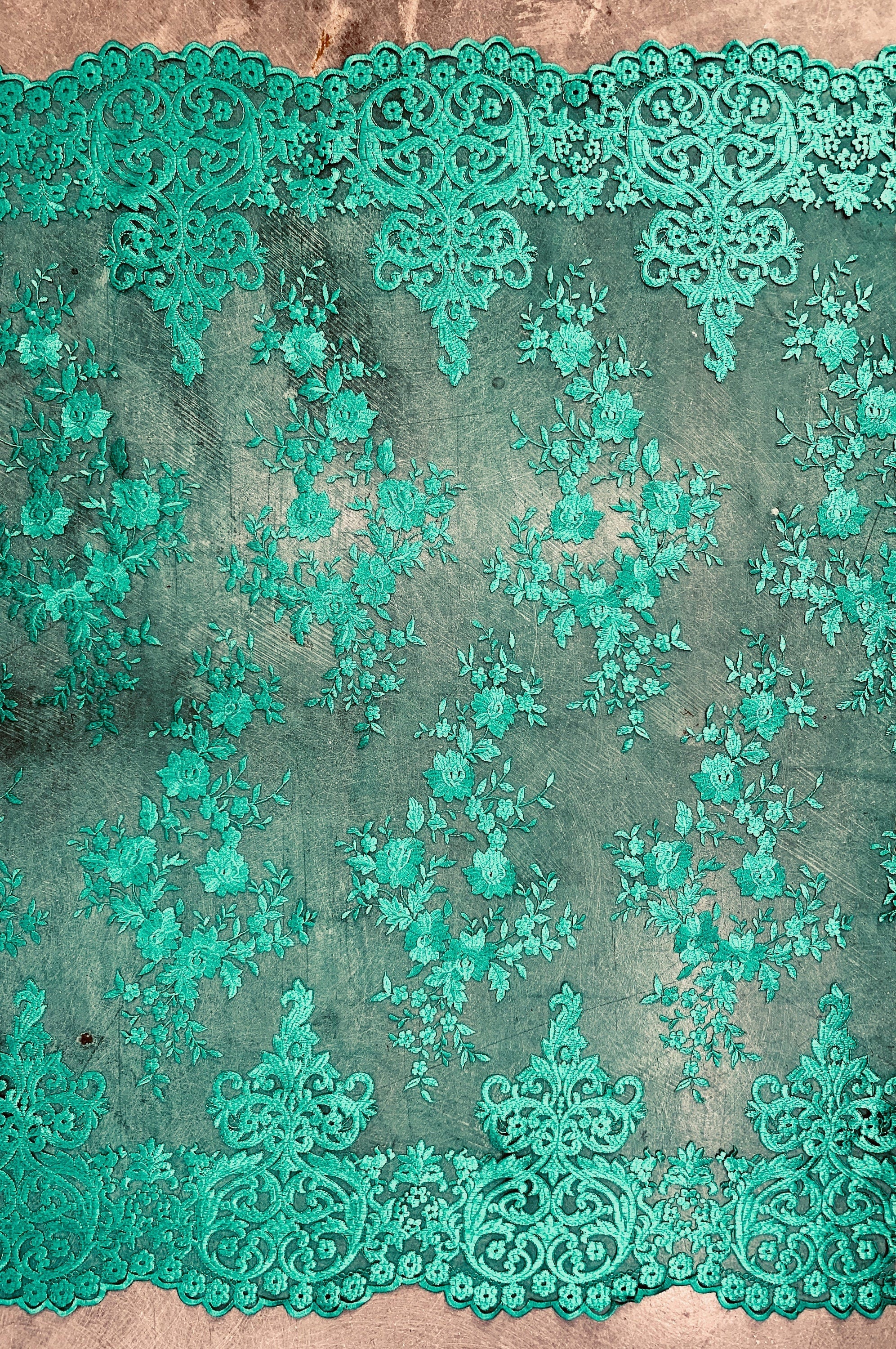 Teagan TEAL GREEN Damask Design Embroidered on Mesh Lace Fabric by the Yard - 10027