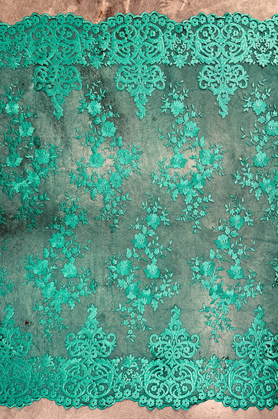 Teagan TEAL GREEN Damask Design Embroidered on Mesh Lace Fabric by the Yard - 10027
