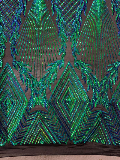Francesca IRIDESCENT GREEN BLUE Mermaid Vines and Diamonds Pattern Sequins on Mesh Lace Fabric by the Yard - 10130