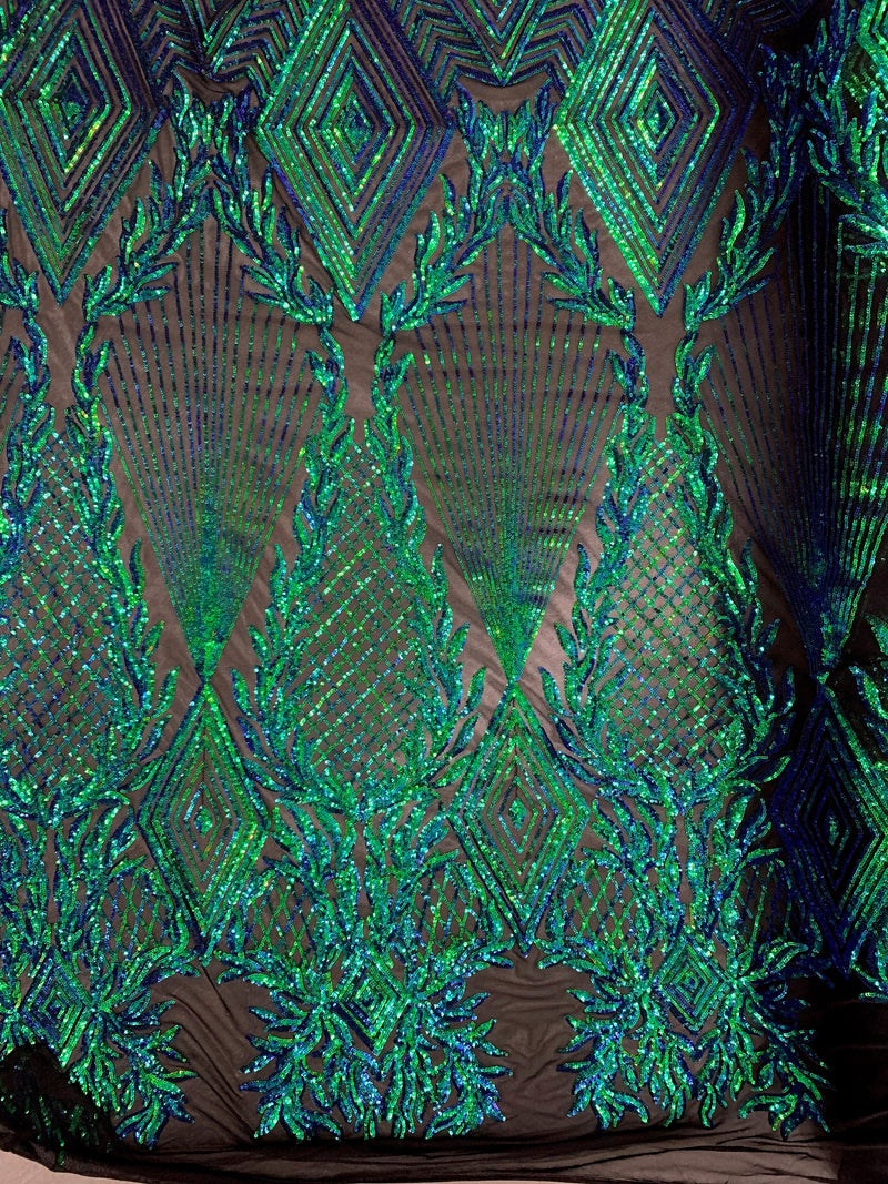 Francesca IRIDESCENT GREEN BLUE Mermaid Vines and Diamonds Pattern Sequins on Mesh Lace Fabric by the Yard - 10130