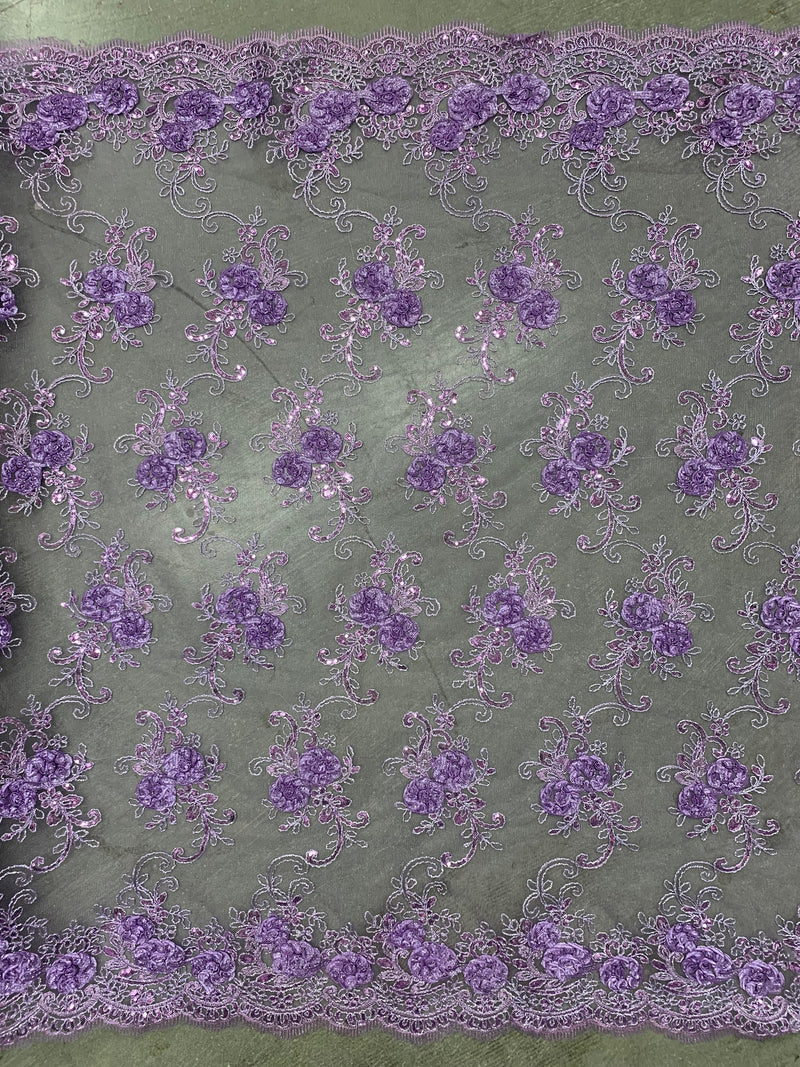 Ryleigh LAVENDER 3D Floral Embroidery with Foil & Sequins on Mesh Lace Fabric by the Yard - 10010