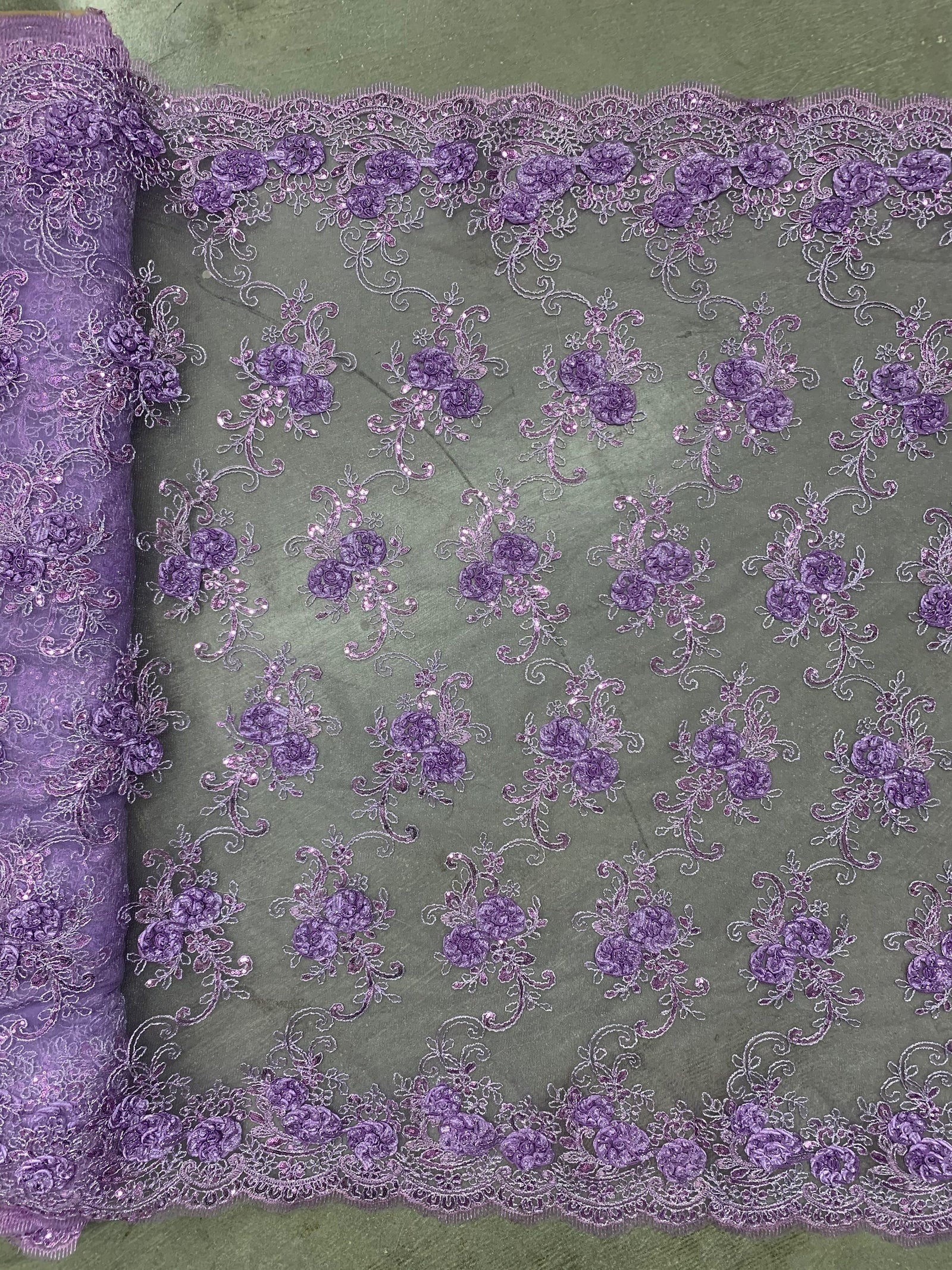 Ryleigh LAVENDER 3D Floral Embroidery with Foil & Sequins on Mesh Lace Fabric by the Yard - 10010