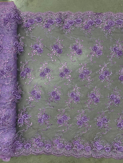 Ryleigh LAVENDER 3D Floral Embroidery with Foil & Sequins on Mesh Lace Fabric by the Yard - 10010