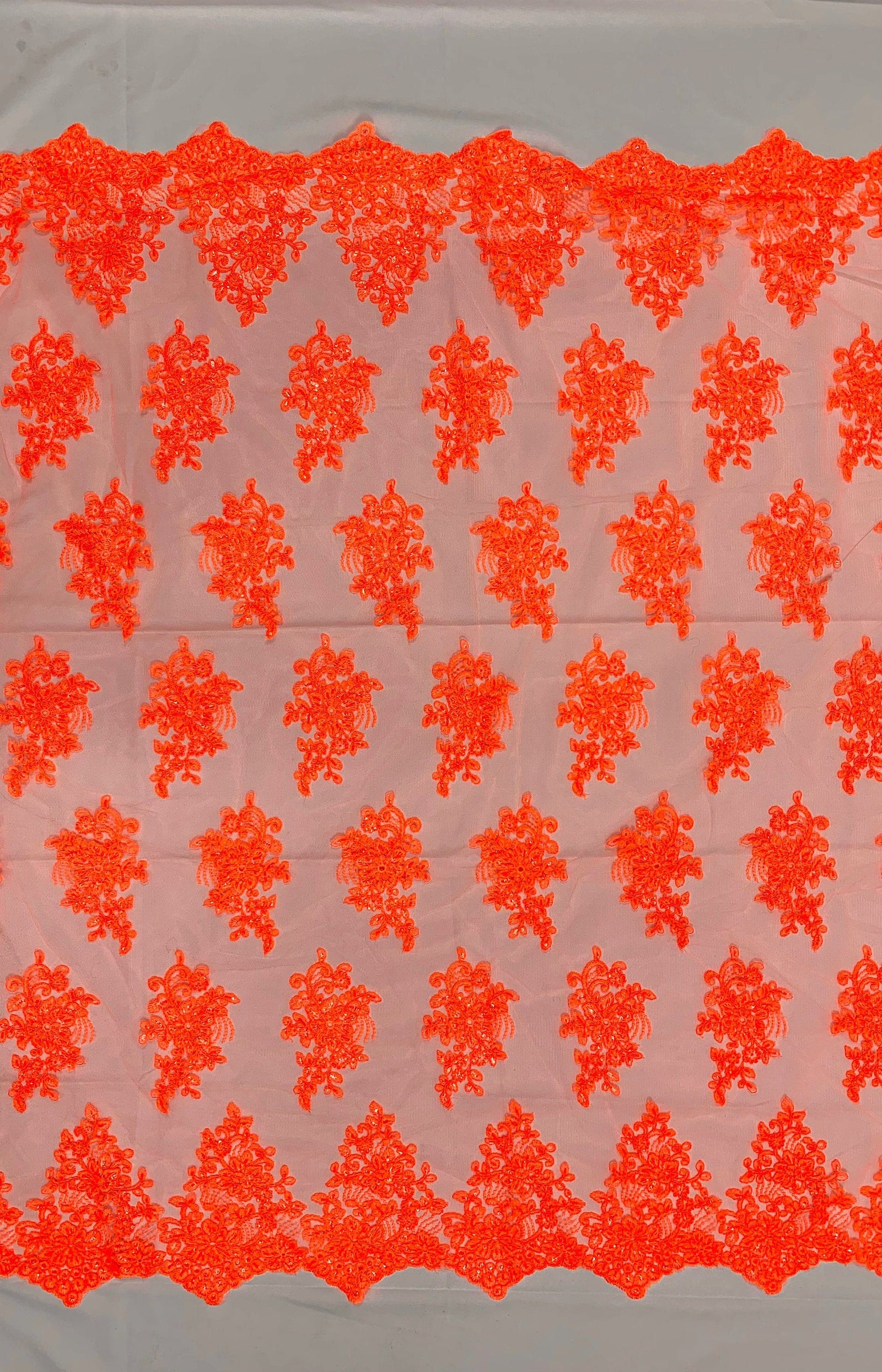 Brianna NEON ORANGE Polyester Floral Embroidery with Sequins on Mesh Lace Fabric by the Yard - 10020