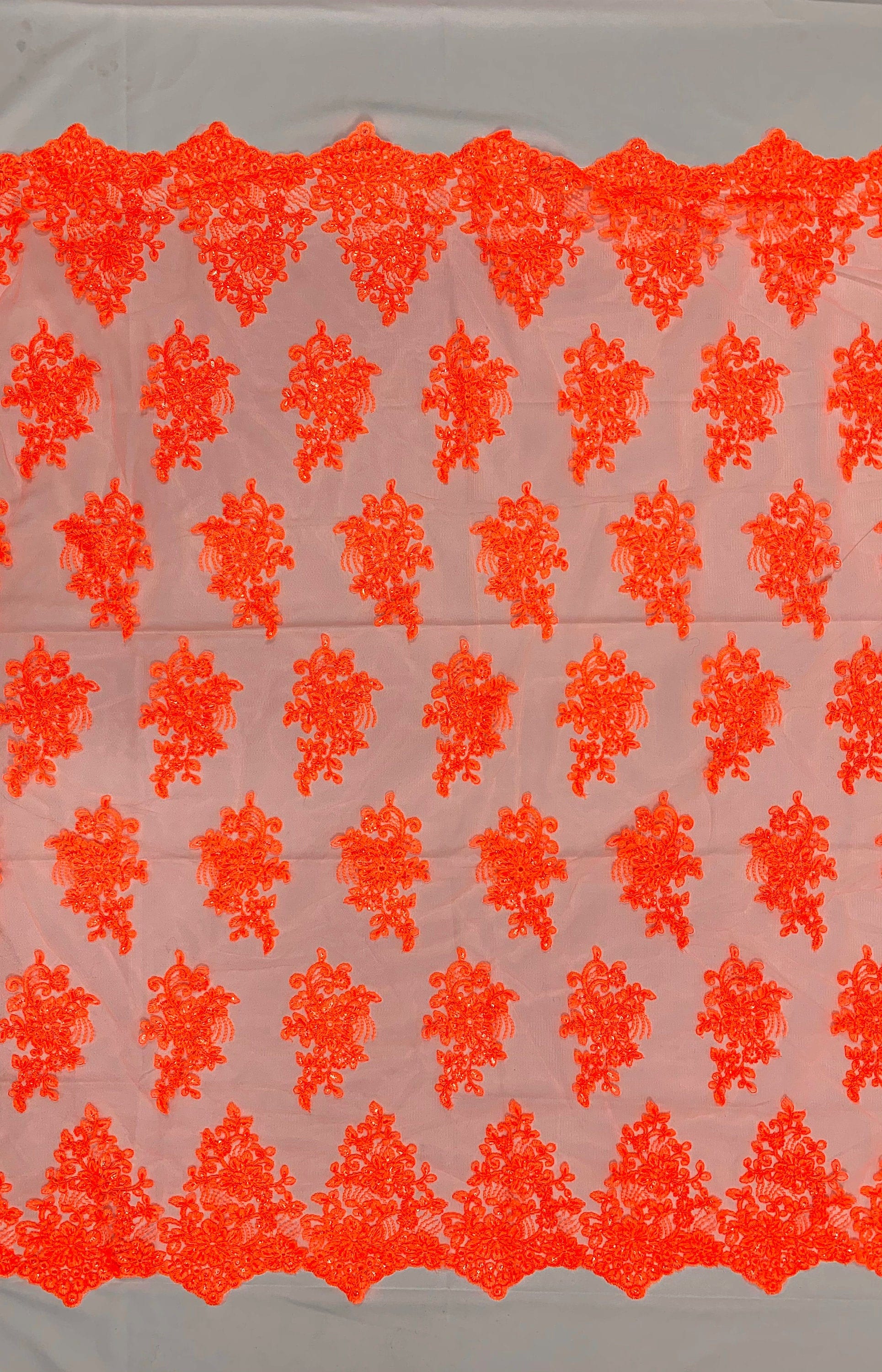 Brianna NEON ORANGE Polyester Floral Embroidery with Sequins on Mesh Lace Fabric by the Yard - 10020