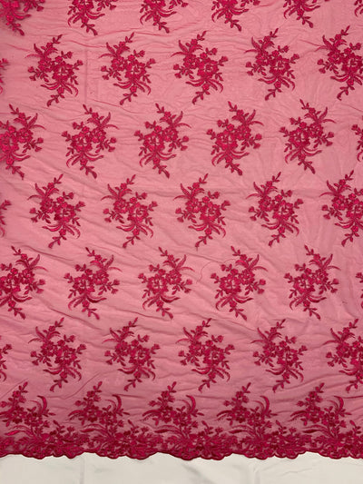Callie HOT PINK Polyester Floral Corsage Embroidery on Mesh Lace Fabric by the Yard - 10025