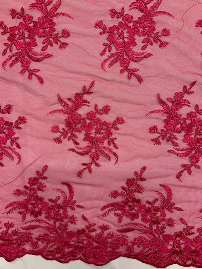 Callie HOT PINK Polyester Floral Corsage Embroidery on Mesh Lace Fabric by the Yard - 10025