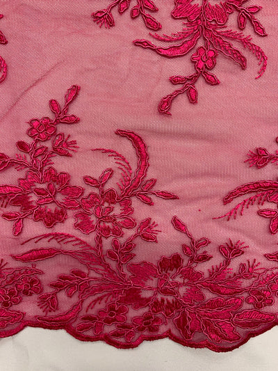 Callie HOT PINK Polyester Floral Corsage Embroidery on Mesh Lace Fabric by the Yard - 10025