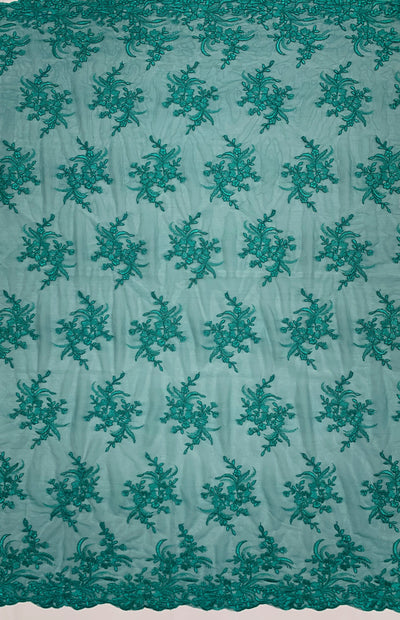 Callie TEAL Polyester Floral Corsage Embroidery on Mesh Lace Fabric by the Yard - 10025