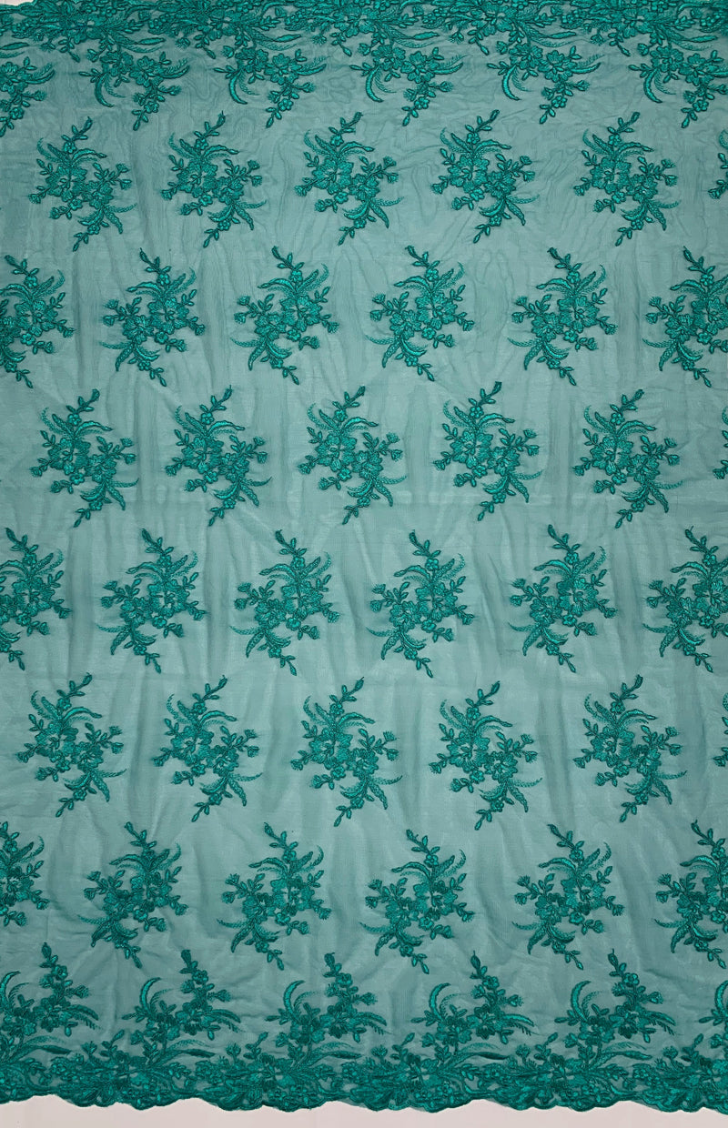 Callie TEAL Polyester Floral Corsage Embroidery on Mesh Lace Fabric by the Yard - 10025