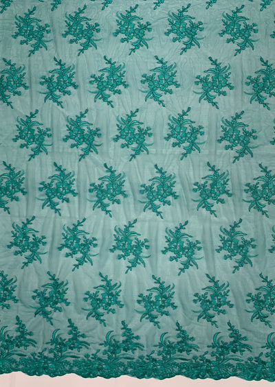 Callie TEAL Polyester Floral Corsage Embroidery on Mesh Lace Fabric by the Yard - 10025