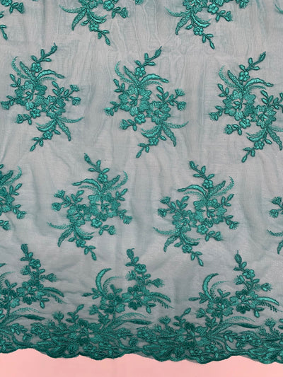 Callie TEAL Polyester Floral Corsage Embroidery on Mesh Lace Fabric by the Yard - 10025