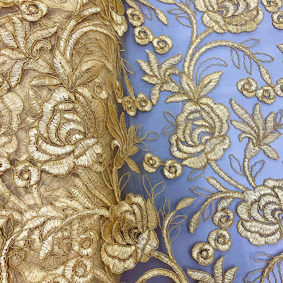 Dakota GOLD Polyester Corded Floral Embroidery on Mesh Lace Fabric by the Yard - 10043