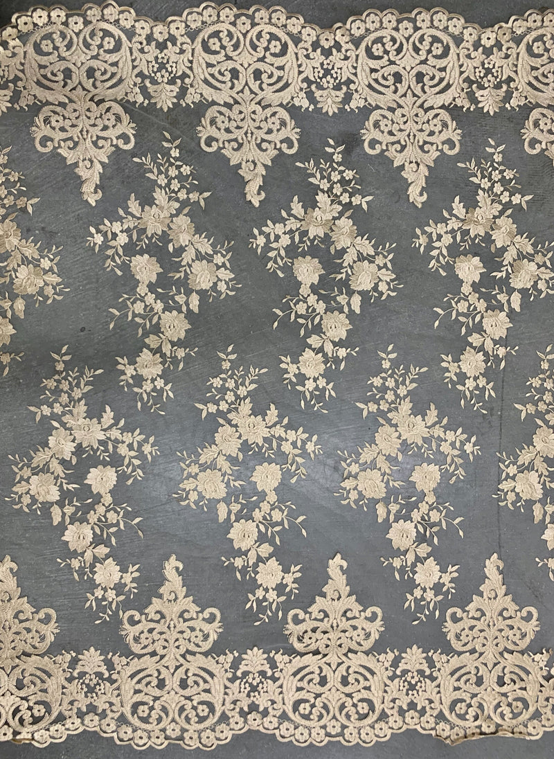 Teagan CHAMPAGNE Damask Design Embroidered on Mesh Lace Fabric by the Yard - 10027