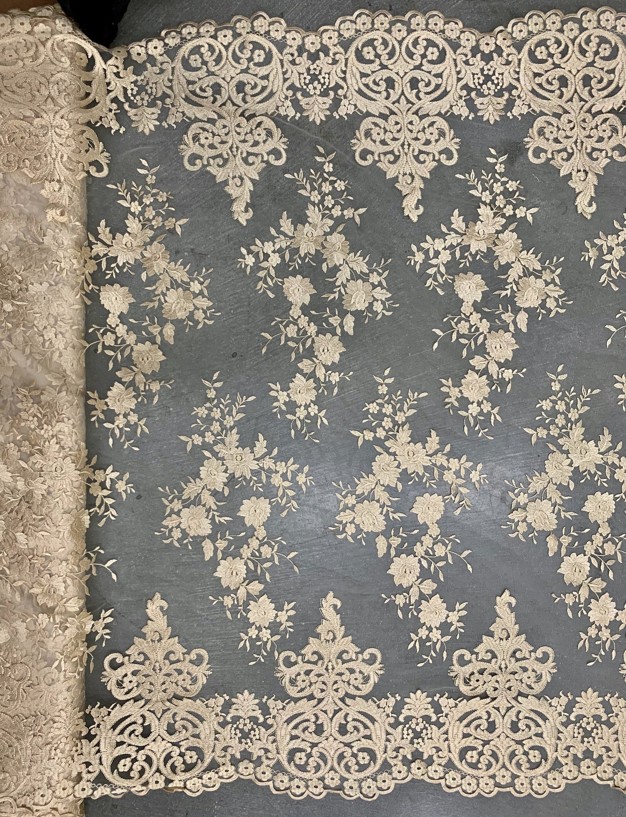 Teagan CHAMPAGNE Damask Design Embroidered on Mesh Lace Fabric by the Yard - 10027