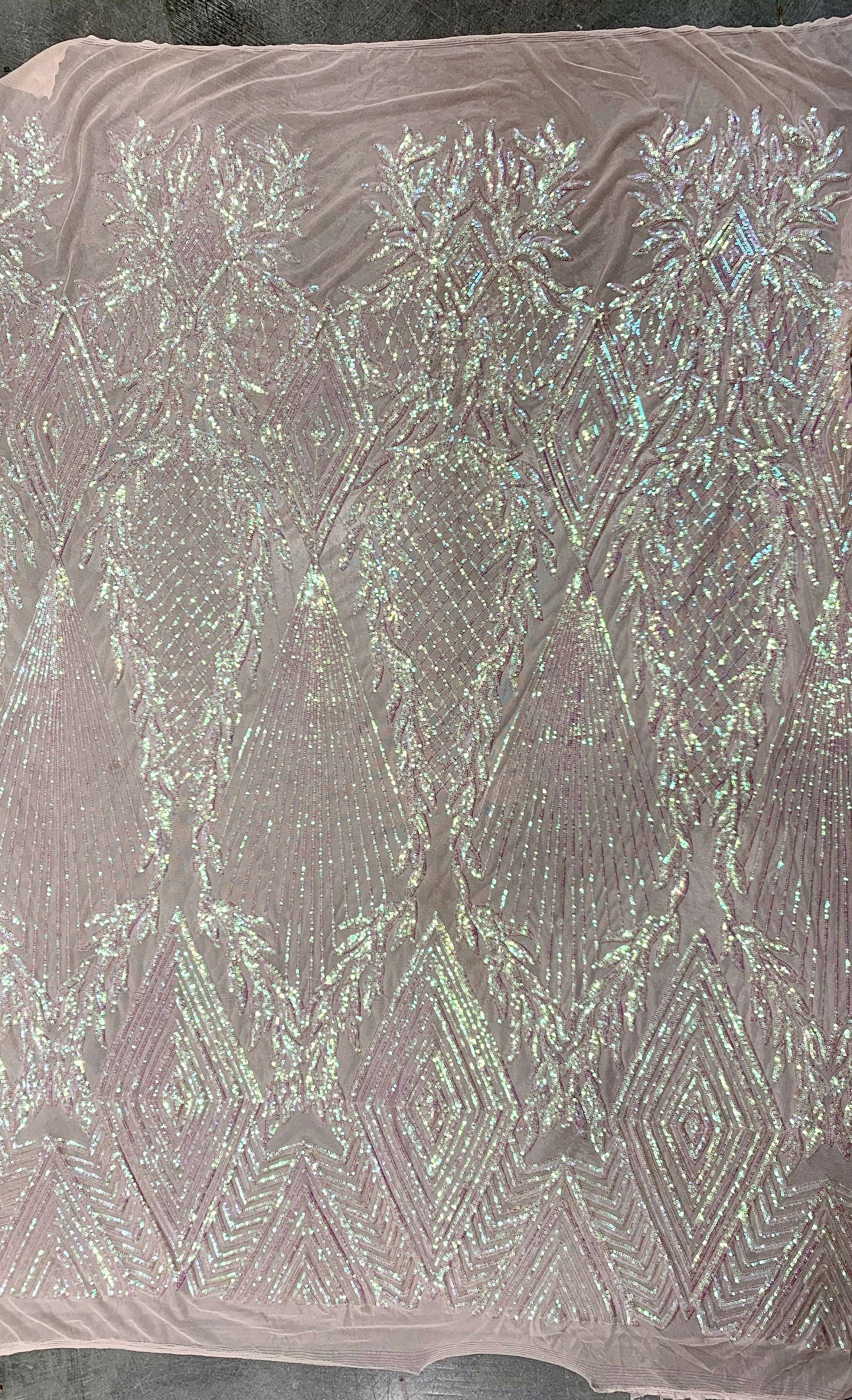Francesca IRIDESCENT BLUSH PINK Vines and Diamonds Pattern Sequins on Mesh Lace Fabric by the Yard - 10130