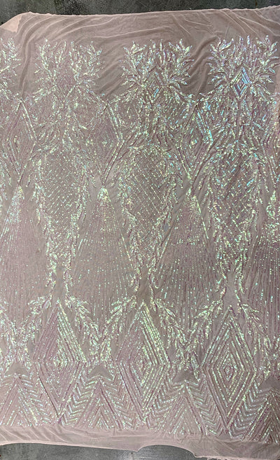 Francesca IRIDESCENT BLUSH PINK Vines and Diamonds Pattern Sequins on Mesh Lace Fabric by the Yard - 10130
