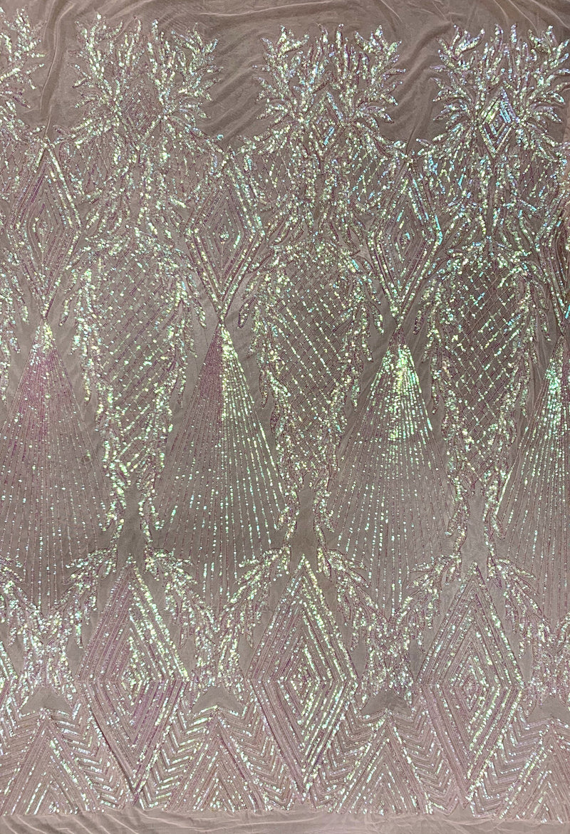 Francesca IRIDESCENT BLUSH PINK Vines and Diamonds Pattern Sequins on Mesh Lace Fabric by the Yard - 10130