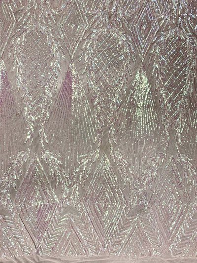 Francesca IRIDESCENT BLUSH PINK Vines and Diamonds Pattern Sequins on Mesh Lace Fabric by the Yard - 10130