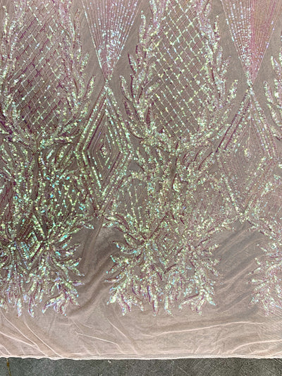 Francesca IRIDESCENT BLUSH PINK Vines and Diamonds Pattern Sequins on Mesh Lace Fabric by the Yard - 10130
