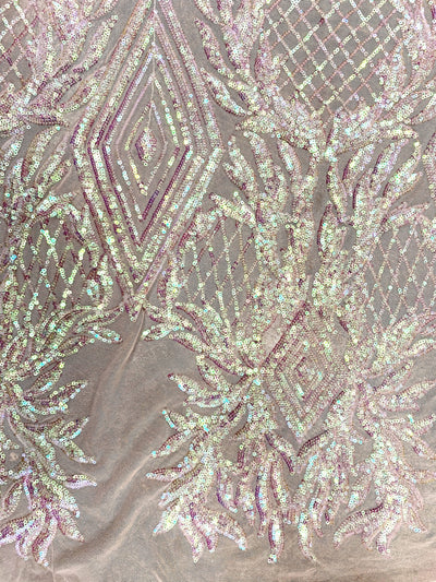 Francesca IRIDESCENT BLUSH PINK Vines and Diamonds Pattern Sequins on Mesh Lace Fabric by the Yard - 10130