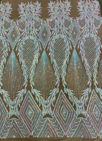 Francesca Iridescent WHITE PINK Vines and Diamonds Pattern Sequins on NUDE Mesh Lace Fabric by the Yard - 10130