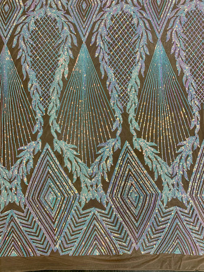 Francesca Iridescent WHITE PINK Vines and Diamonds Pattern Sequins on NUDE Mesh Lace Fabric by the Yard - 10130