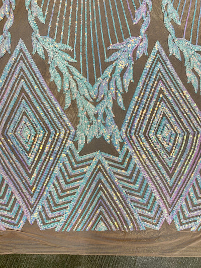 Francesca Iridescent WHITE PINK Vines and Diamonds Pattern Sequins on NUDE Mesh Lace Fabric by the Yard - 10130