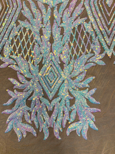 Francesca Iridescent WHITE PINK Vines and Diamonds Pattern Sequins on NUDE Mesh Lace Fabric by the Yard - 10130