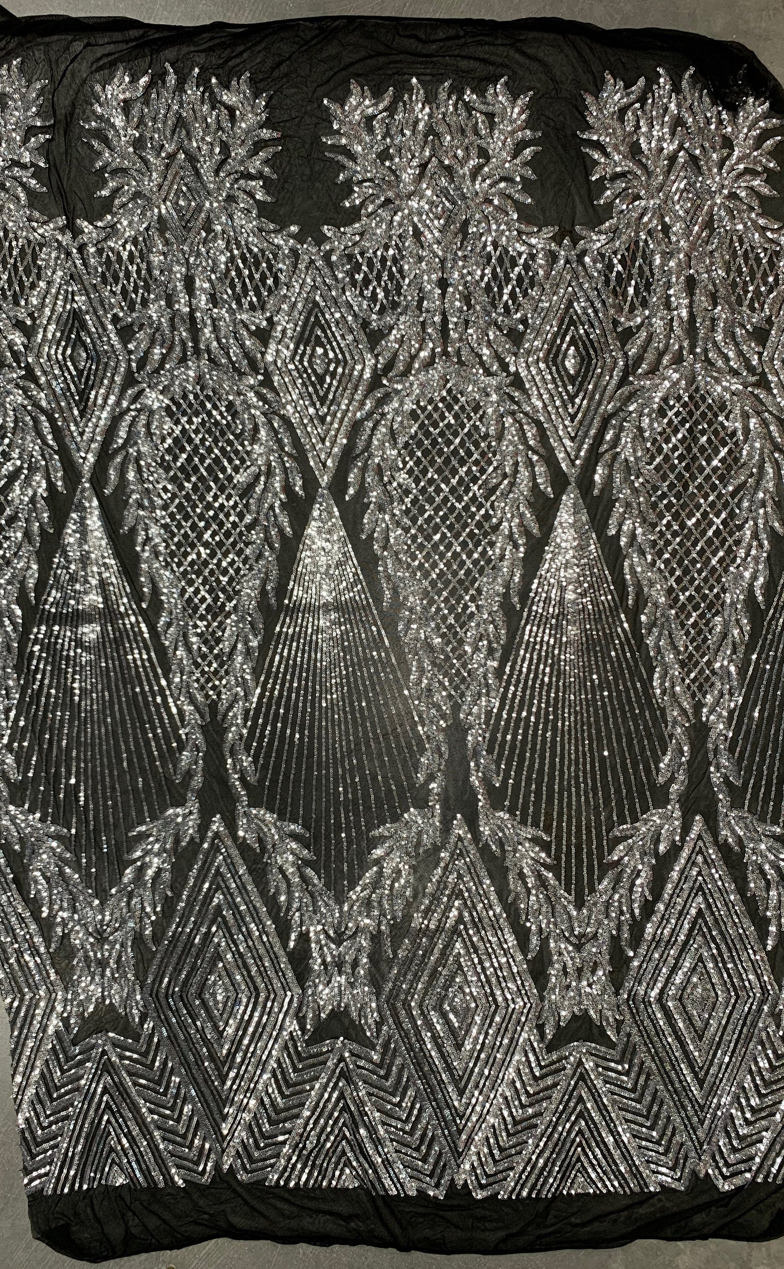 Francesca SILVER Vines and Diamonds Pattern Sequins on BLACK Mesh Lace Fabric by the Yard - 10130
