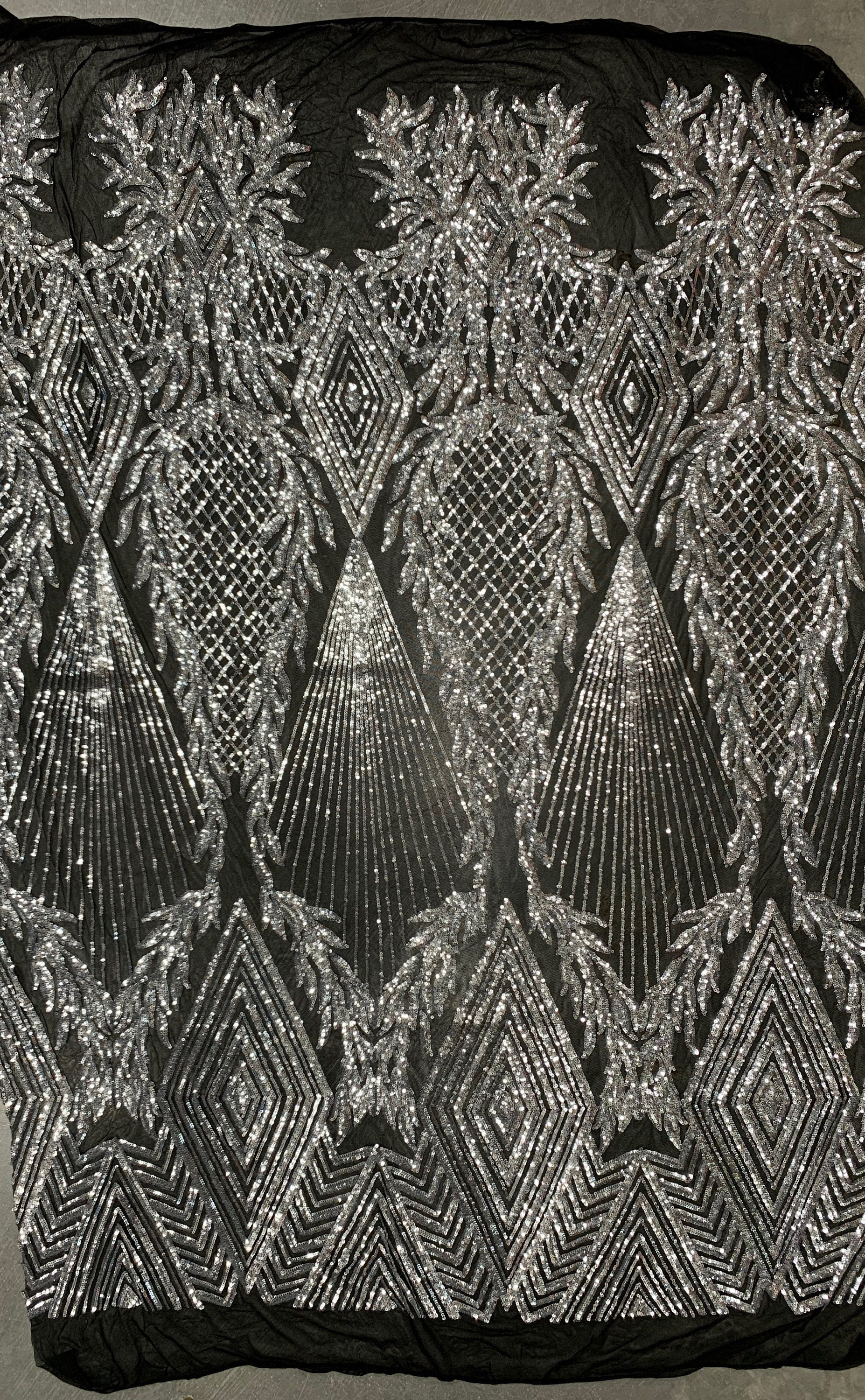 Francesca SILVER Vines and Diamonds Pattern Sequins on BLACK Mesh Lace Fabric by the Yard - 10130