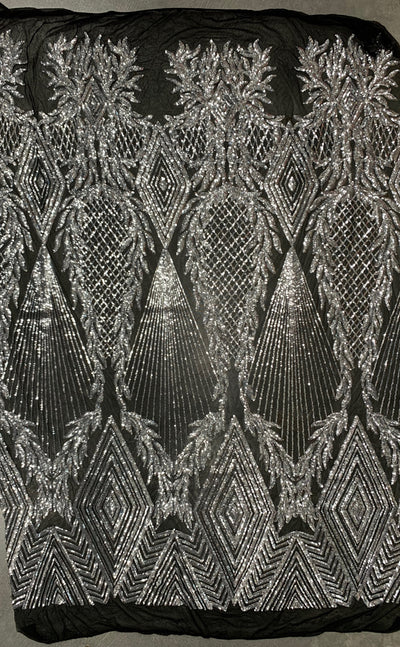 Francesca SILVER Vines and Diamonds Pattern Sequins on BLACK Mesh Lace Fabric by the Yard - 10130