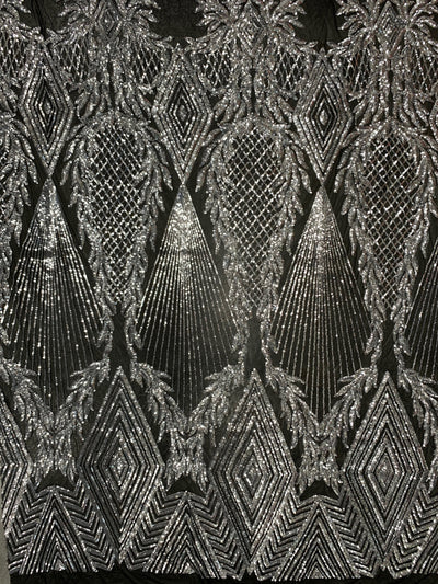 Francesca SILVER Vines and Diamonds Pattern Sequins on BLACK Mesh Lace Fabric by the Yard - 10130