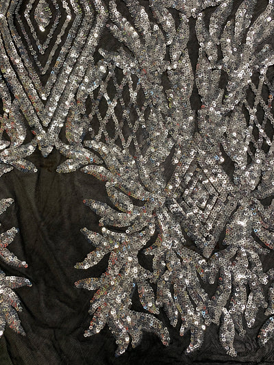 Francesca SILVER Vines and Diamonds Pattern Sequins on BLACK Mesh Lace Fabric by the Yard - 10130