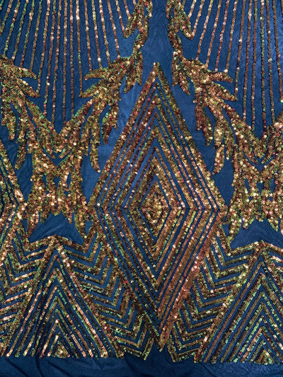 Francesca Iridescent ORANGE GOLD Vines and Diamonds Pattern Sequins on BLACK Mesh Lace Fabric by the Yard - 10130