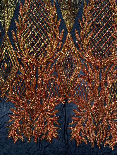 Francesca Iridescent ORANGE GOLD Vines and Diamonds Pattern Sequins on BLACK Mesh Lace Fabric by the Yard - 10130