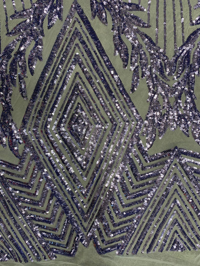 Francesca BLUE LAVENDER Vines and Diamonds Pattern Sequins on Light BLUE Mesh Lace Fabric by the Yard - 10130