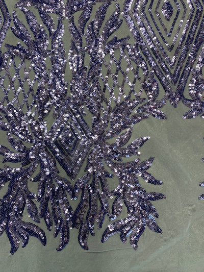 Francesca BLUE LAVENDER Vines and Diamonds Pattern Sequins on Light BLUE Mesh Lace Fabric by the Yard - 10130