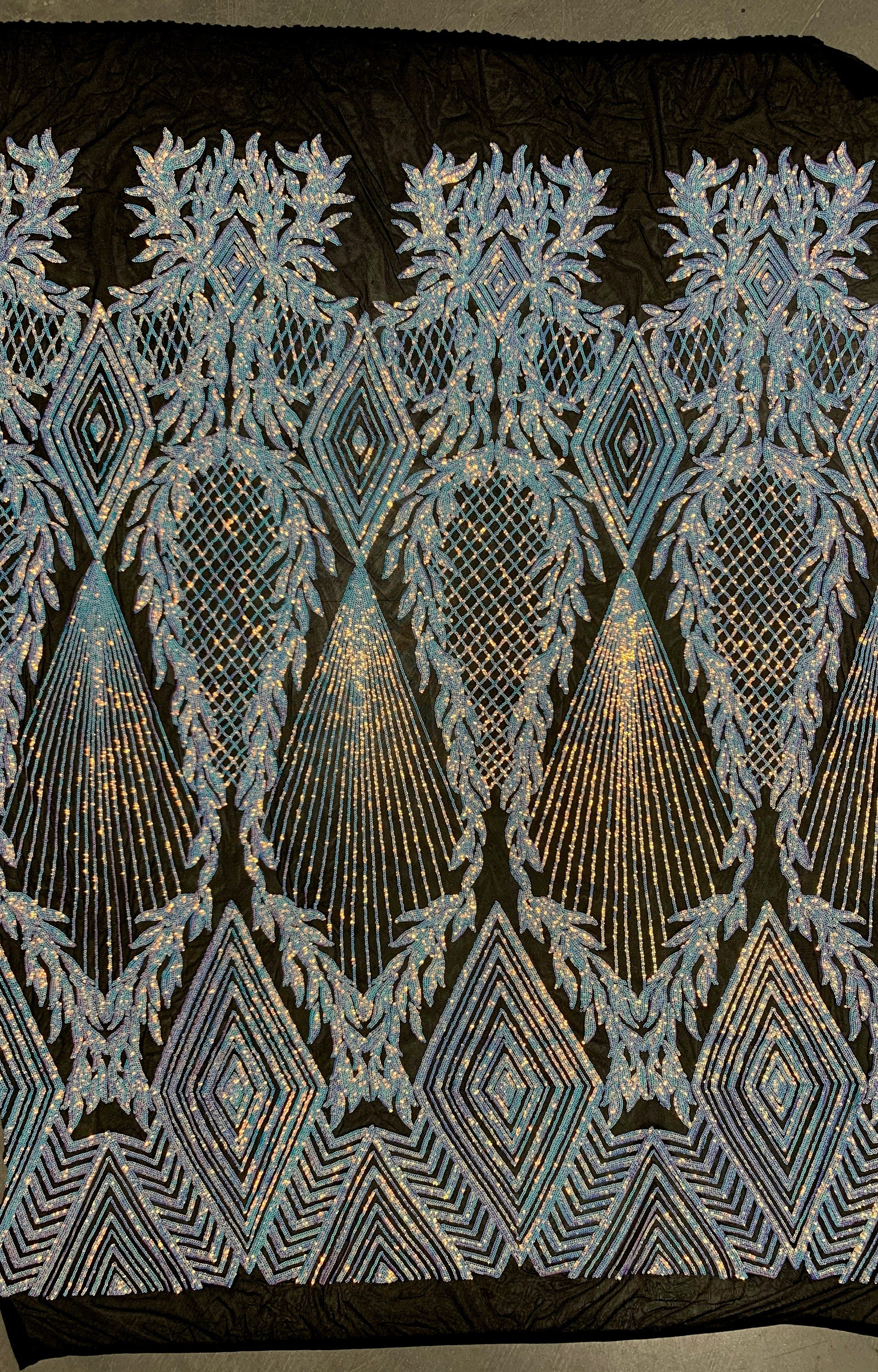 Francesca IRIDESCENT WHITE Vines and Diamonds Pattern Sequins on BLACK Mesh Lace Fabric by the Yard - 10130
