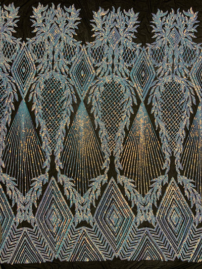 Francesca IRIDESCENT WHITE Vines and Diamonds Pattern Sequins on BLACK Mesh Lace Fabric by the Yard - 10130