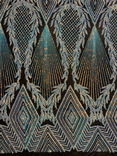 Francesca IRIDESCENT WHITE Vines and Diamonds Pattern Sequins on BLACK Mesh Lace Fabric by the Yard - 10130