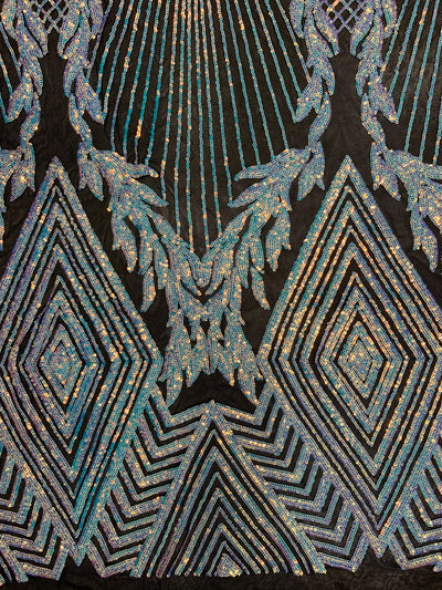 Francesca IRIDESCENT WHITE Vines and Diamonds Pattern Sequins on BLACK Mesh Lace Fabric by the Yard - 10130