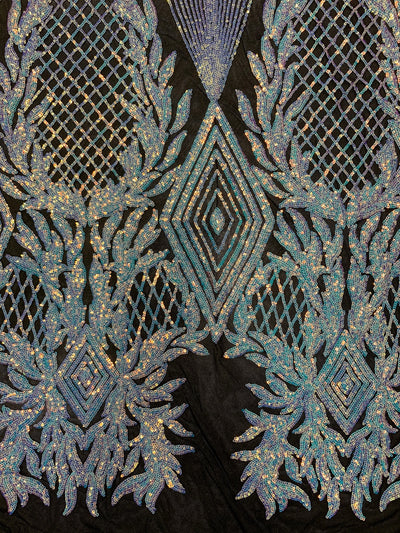 Francesca IRIDESCENT WHITE Vines and Diamonds Pattern Sequins on BLACK Mesh Lace Fabric by the Yard - 10130